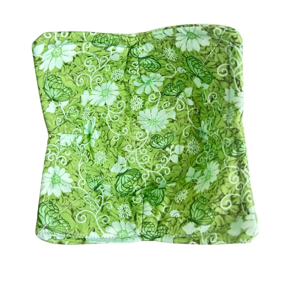 Hand Crafted Colorful Green Floral Butterfly Microwave Bowl Cozy 100% Cotton